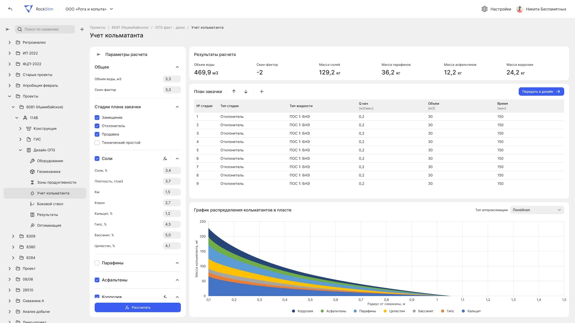 Скриншот учета кольматанта